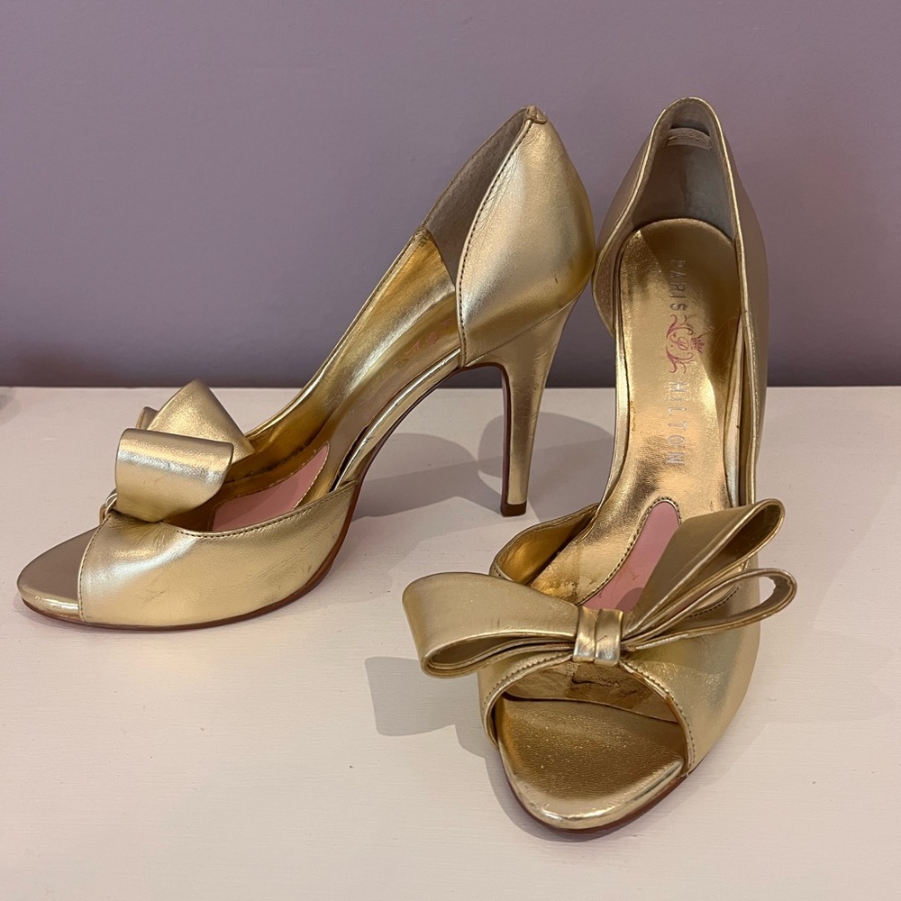 Paris Hilton Gold Peep-Toe Heels